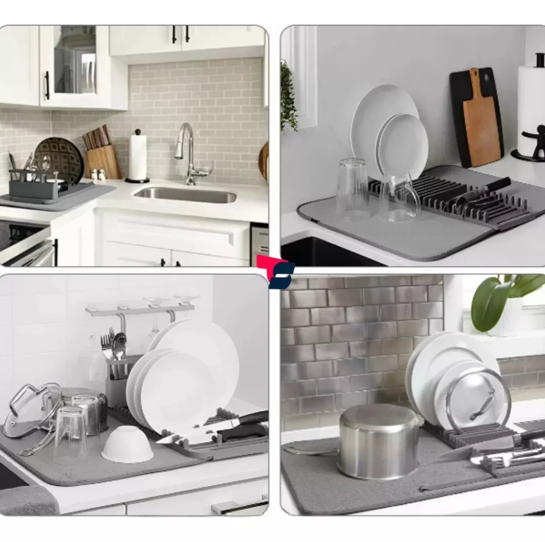 Escurridor Secaplatos con Tapete Absorbente 2 en 1 | Organizador de Cocina Plegable y Desmontable