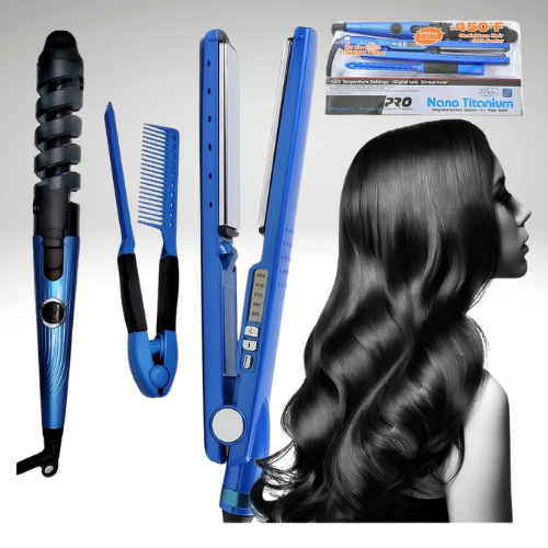Combo Plancha Nano Titanium + Rizador + Peine Profesional – Alisa, Riza y Peina con Alta Tecnología