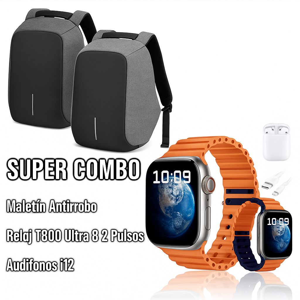 Combo Ultra Antirrobo + Audífonos + Smartwatch T800